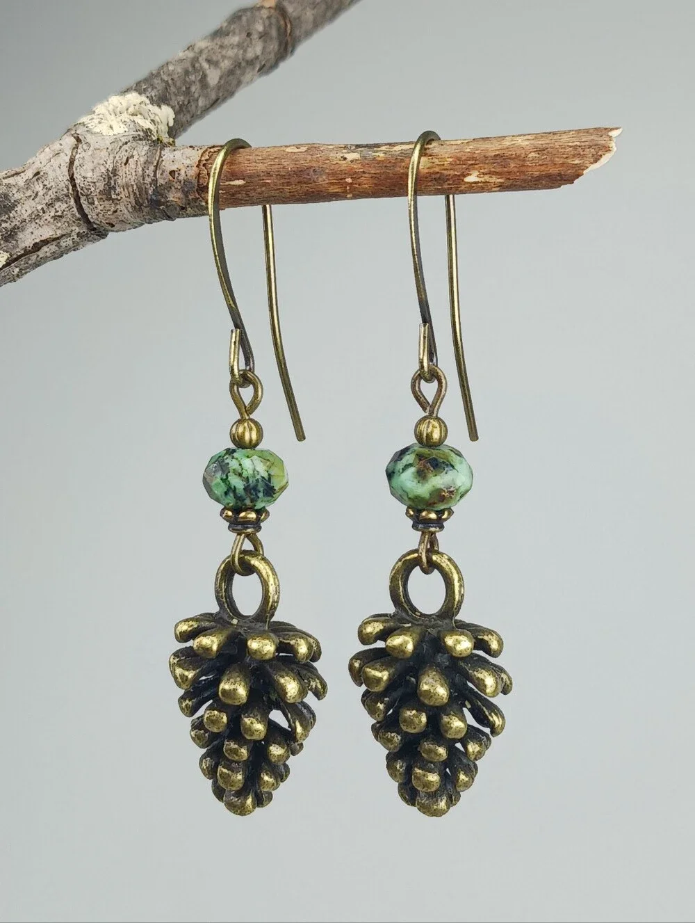 African Turquoise Jasper Pinecone Earrings Rustic Brass Woodland Hand Crafted
